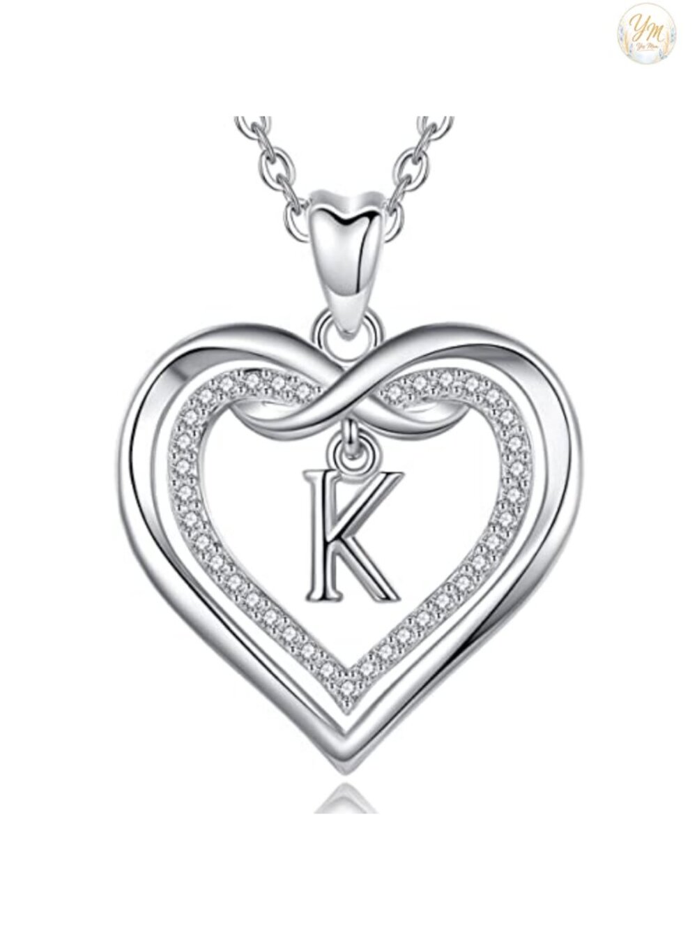 Sterling Silver Diamond Initial Necklace with CZ Double Heart Letter Pendant 18"